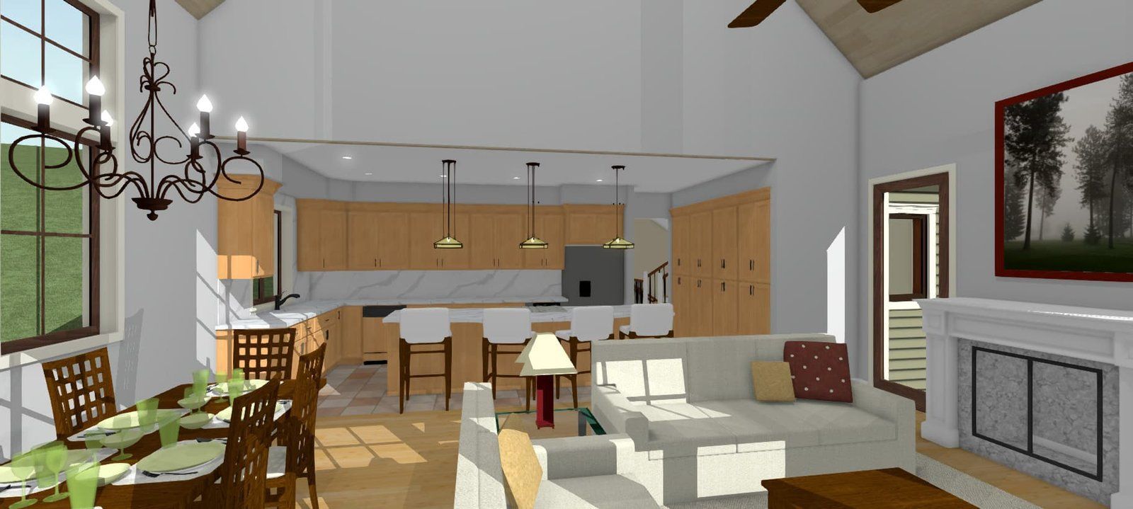Modern open-plan living room and kitchen with fireplace, cream sofas, wood floors, and pendant lights