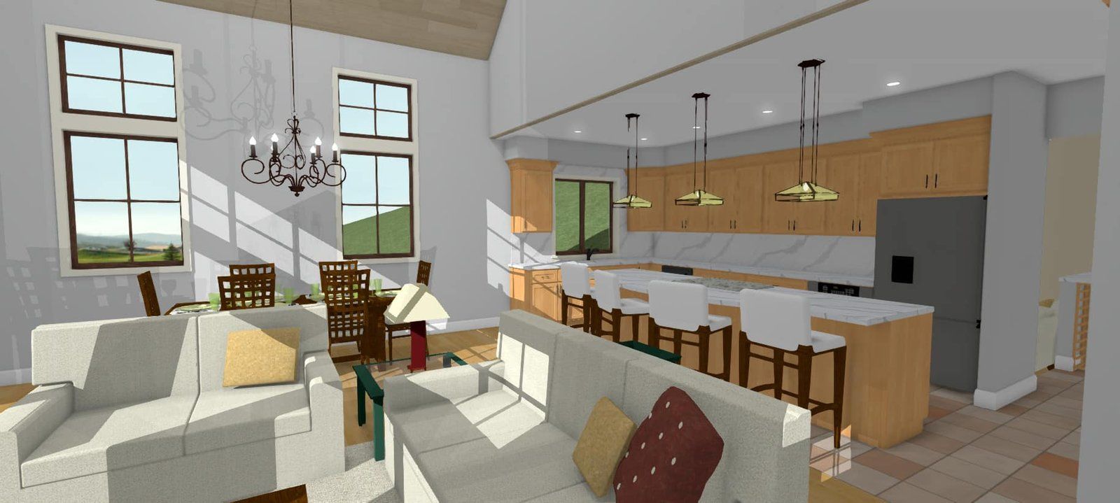 Bright open living room with white sofas, chandelier, and a kitchen with a long wood island and bar stools