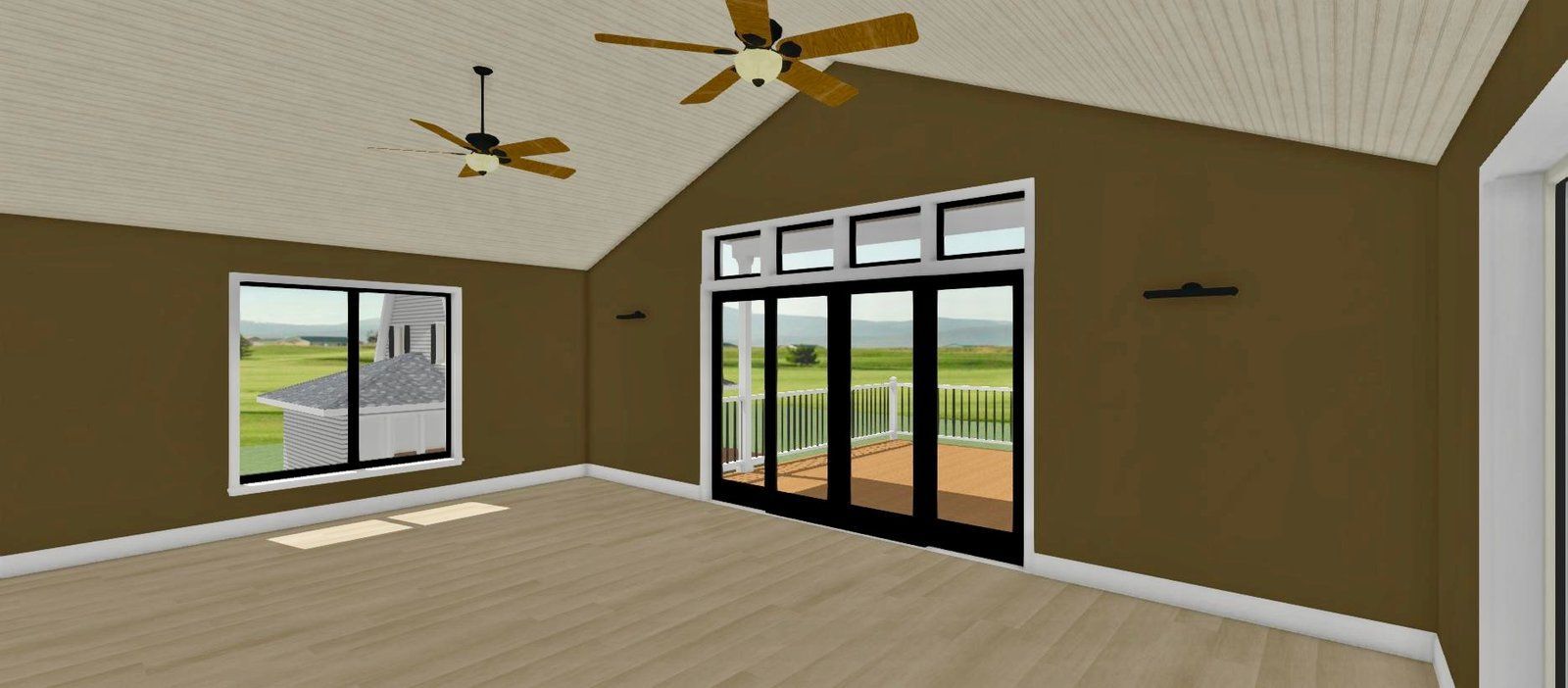 Empty living room with vaulted ceiling, ceiling fans, wood floor, and large windows and glass doors.