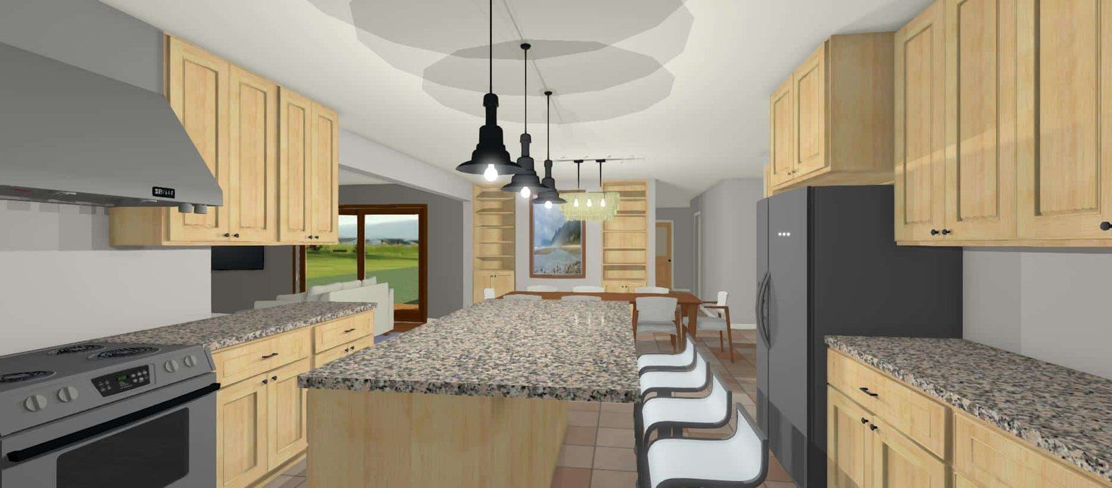 Modern kitchen with granite island, light wood cabinets, pendant lights, and bar stools