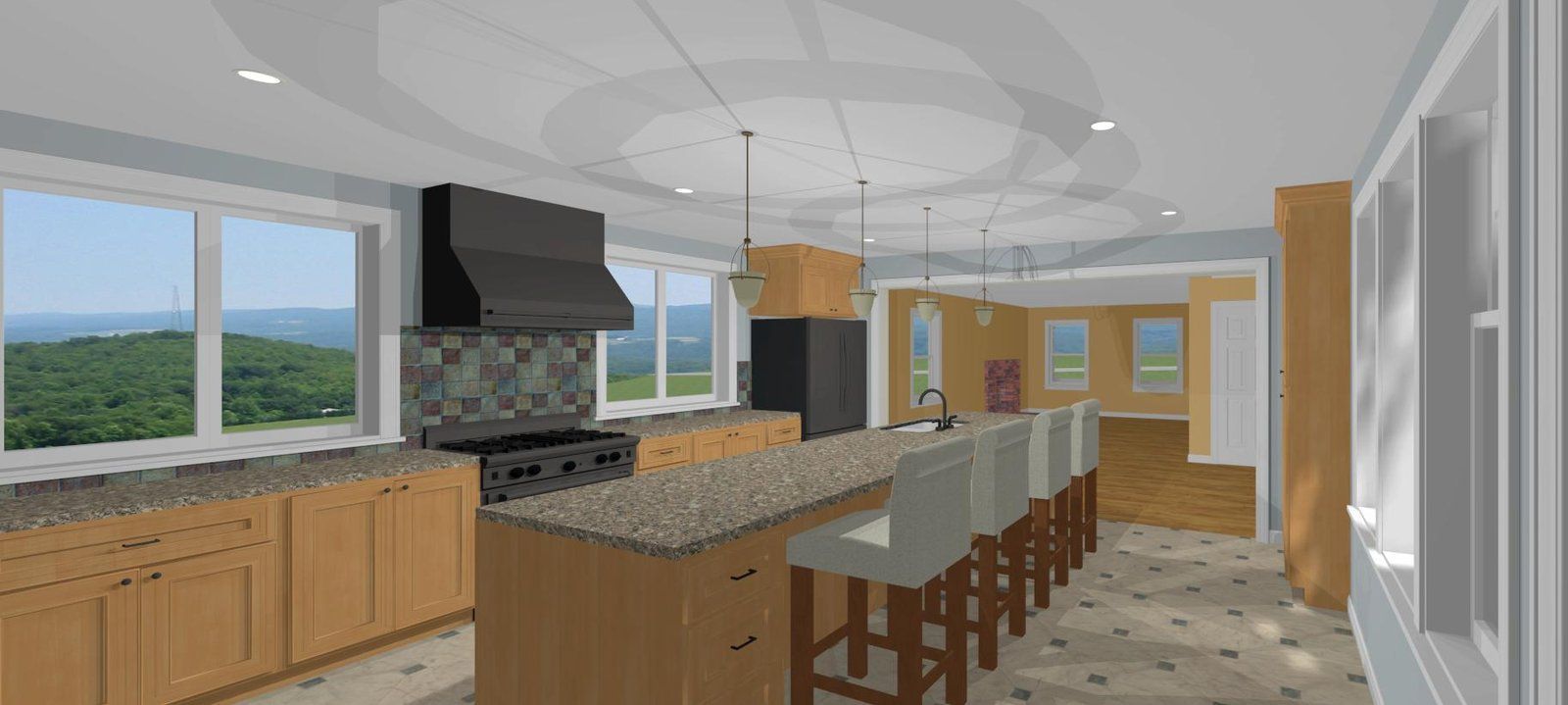Modern kitchen interior with island, bar stools, wood cabinets, and large windows overlooking hills