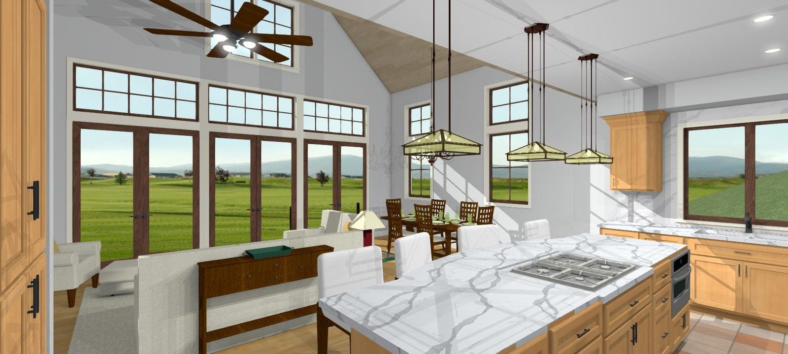 Open-plan kitchen and living room with white island, wood accents, and large windows overlooking green fields