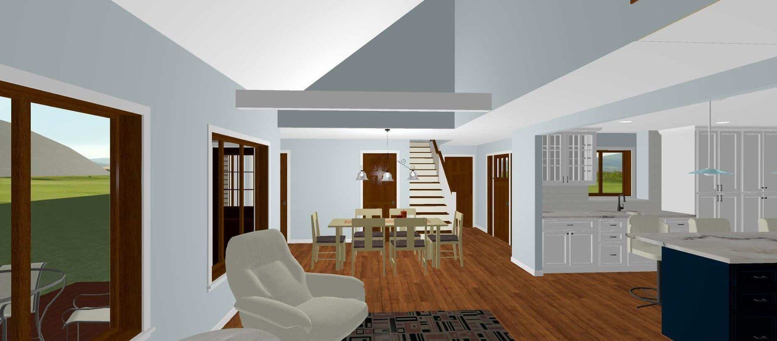 Bright modern living room with wood floors, white walls, dining table, sofa, and kitchen view