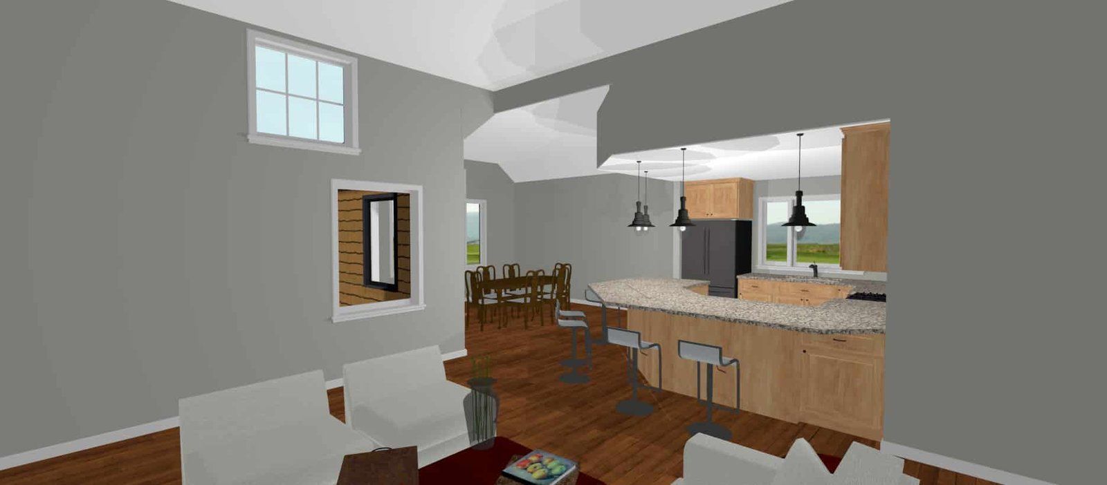 Bright kitchen-dining area with wooden cabinets, countertop, table, and windows on white walls.