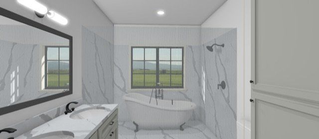 Modern bathroom with double vanity, soaking tub, large window, and walk-in shower in gray marble style