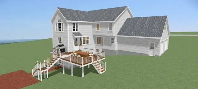 3D rendering of a white two-story house with a deck, ramp, and attached garage on a grassy lot