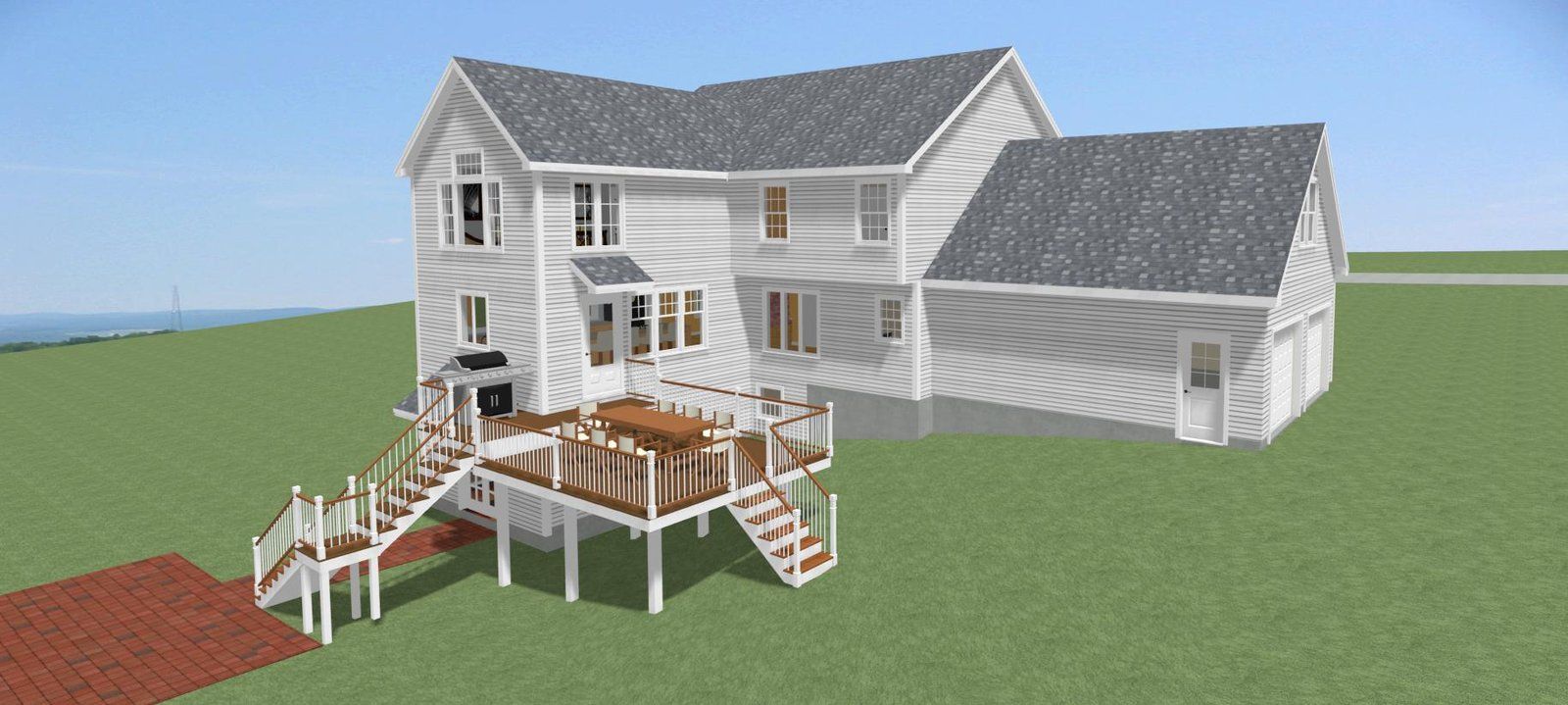 White two-story house with deck, stairs, and attached garage on a grassy lot in a game-like scene