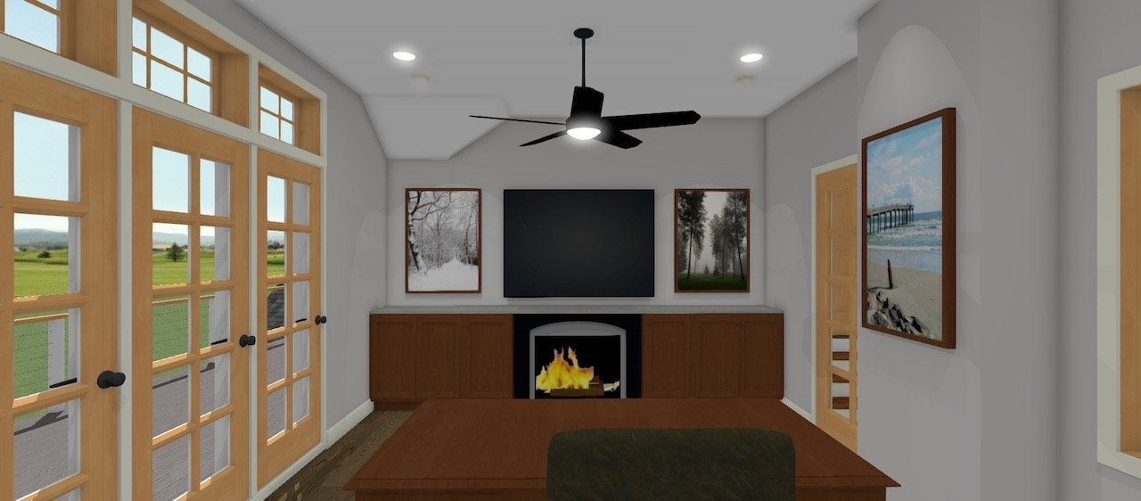 Modern living room with fireplace, wood floor, large windows, and a ceiling fan