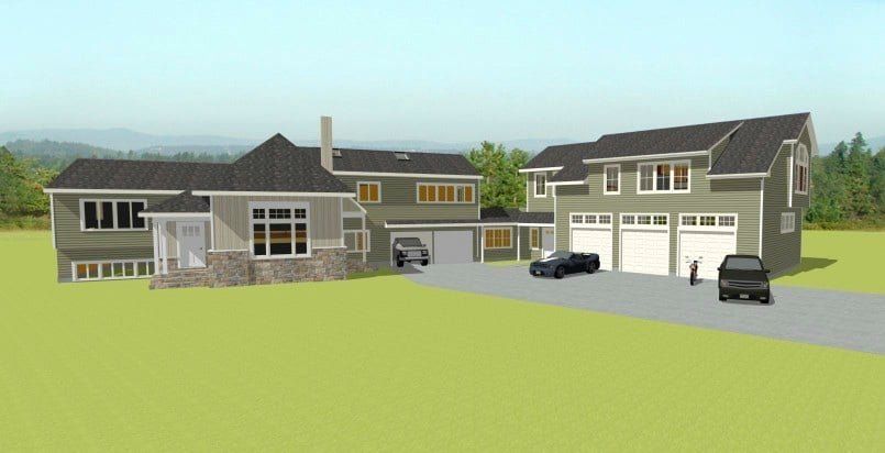 Suburban street with two large houses, driveways, and parked cars under a cloudy sky