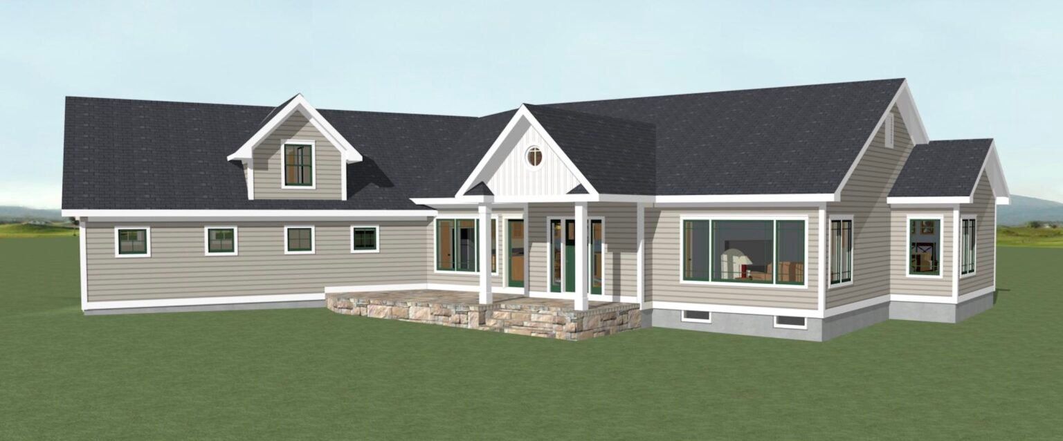 Rendering of a gray single-story house with white trim, black roof, and a front porch.
