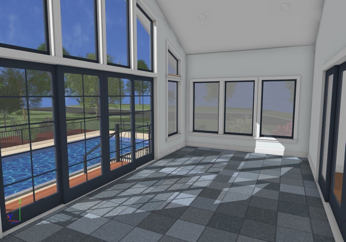 Bright sunlit room with large windows, gray tiled floor, and a pool visible outside