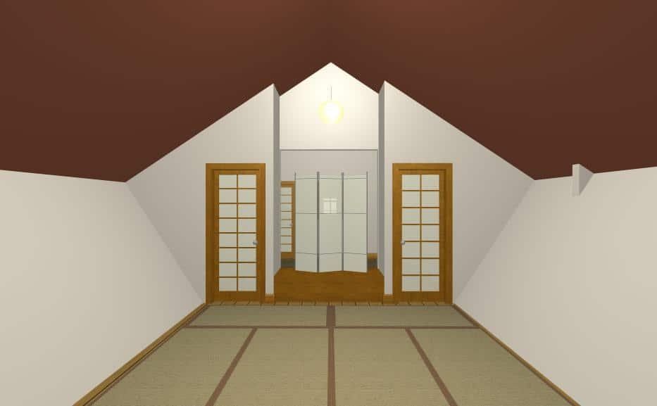 Minimalist room with vaulted ceiling, central double doors, and wood-framed side panels on a tiled floor