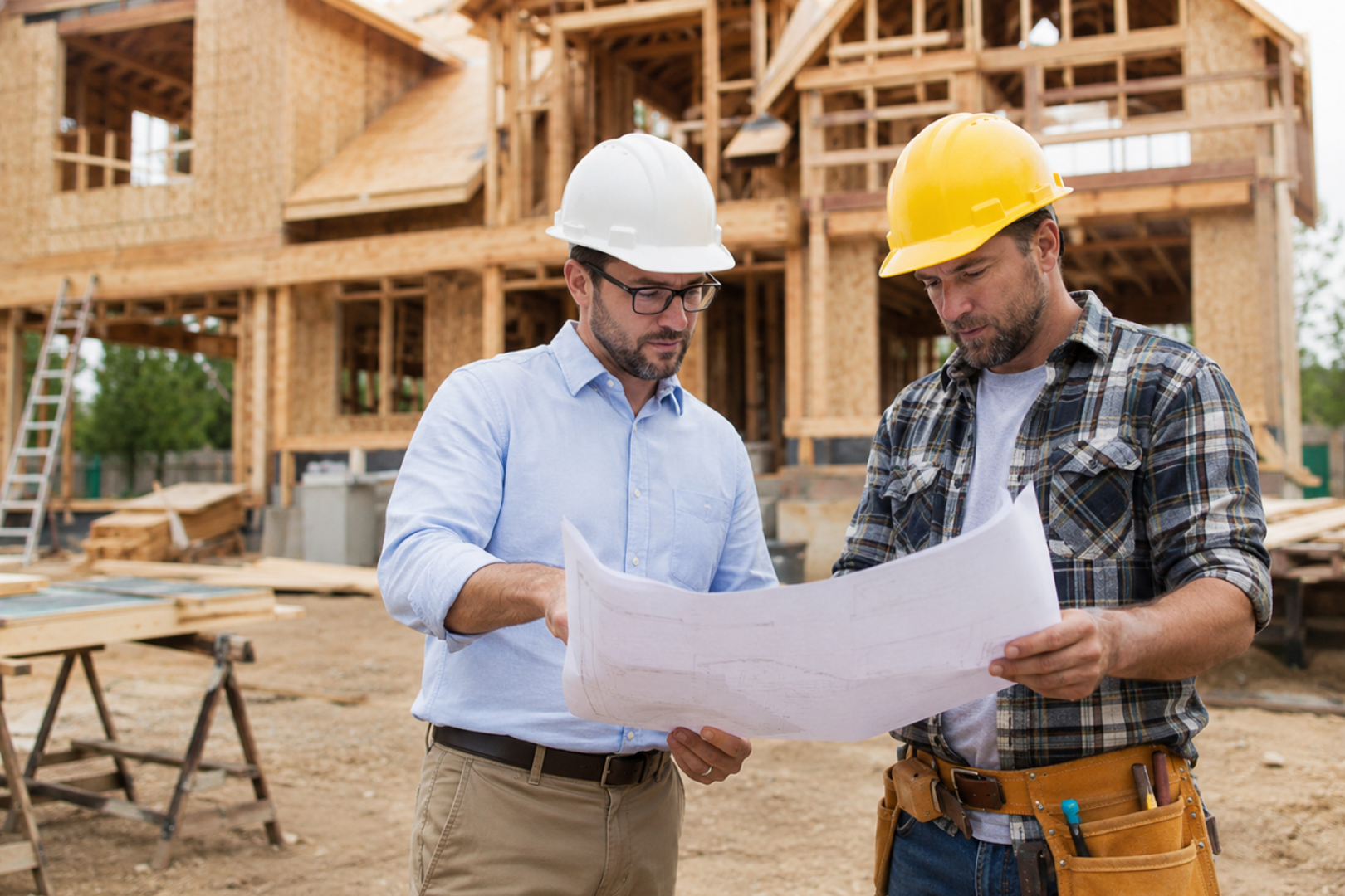 Two construction workers in hard hats reviewing blueprints at a building site