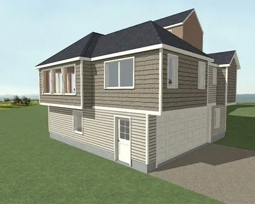 Two-story beige house with brown siding, white trim, and a dark roof on a grassy lot