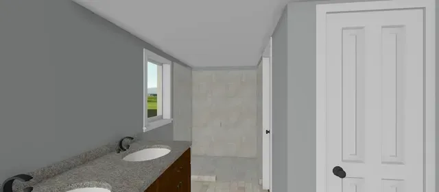 Narrow bathroom with gray walls, a sink, mirror, window, and white door.