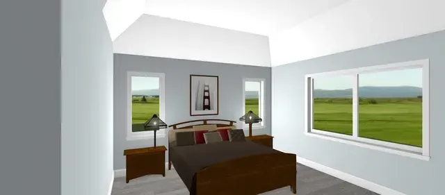 Modern bedroom with a wooden bed, bedside tables, and large windows overlooking a green field