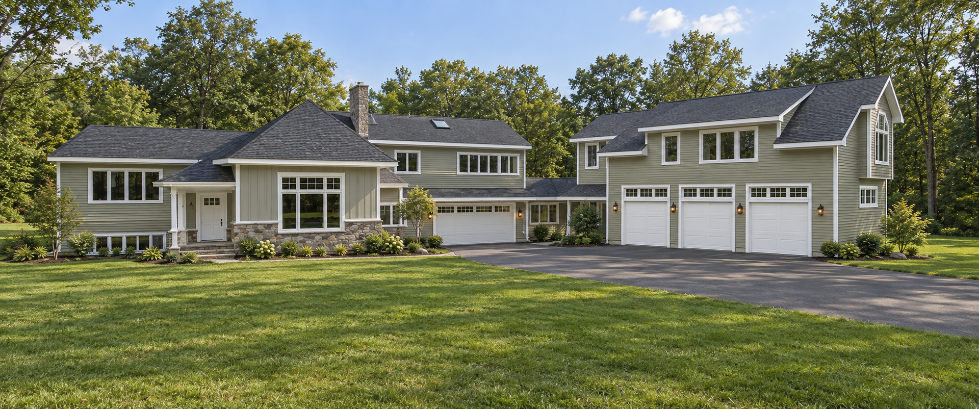 Large gray house with two-story garage and manicured lawn in a suburban setting