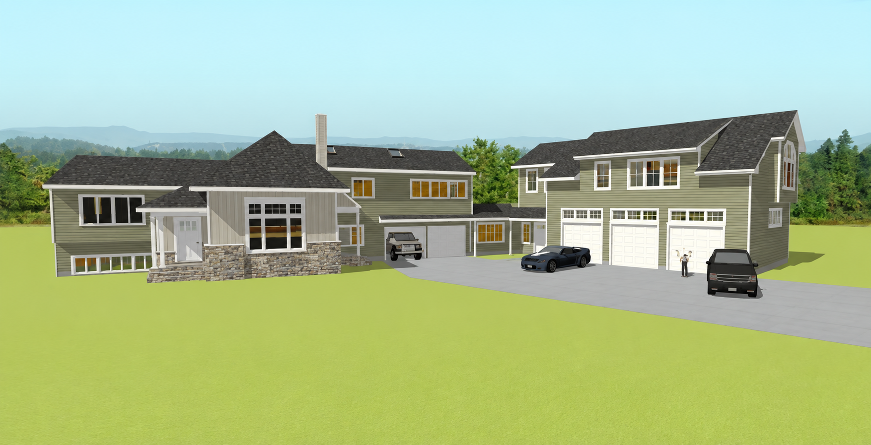 Suburban homes with garages and parked cars on a sunny green lawn