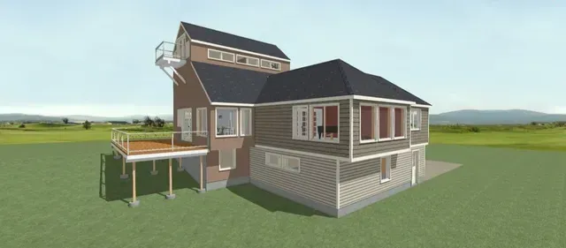 3D render of a two-story brown house with a wraparound porch on a grassy lot