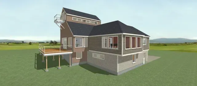 3D rendering of a modern two-story house with porch and deck on a grassy lot