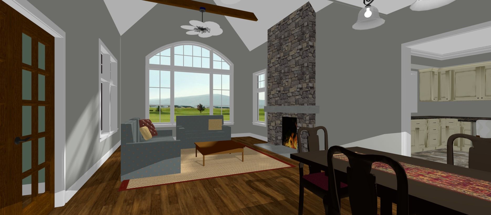 Bright living room with arched window, fireplace, wood floors, and nearby kitchen island
