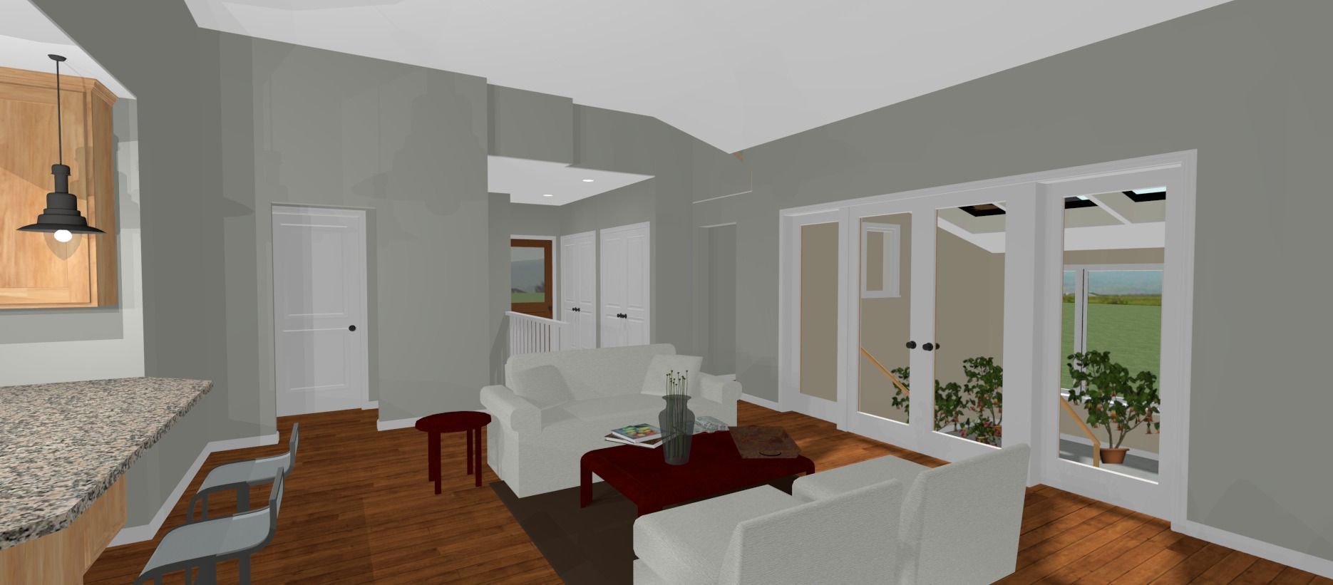Bright modern living room with white sofas, hardwood floors, large windows, and a kitchen bar area