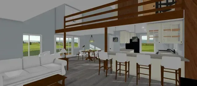 Open loft kitchen and living room with white furniture, wood accents, bar stools, and large windows