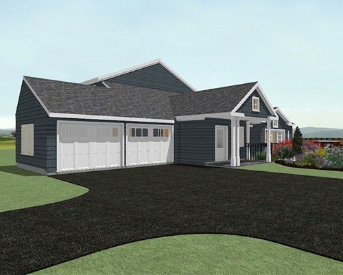 Suburban house with dark gray siding, white garage, and a landscaped front yard