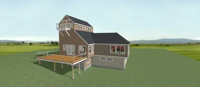 3D rendering of a brown house with a porch on a grassy field under a blue sky