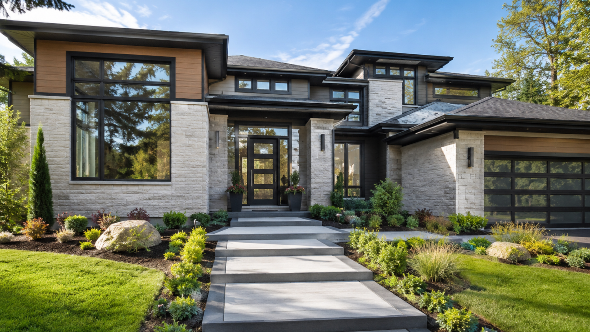 Modern stone-and-glass suburban house with landscaped front yard and walkway
