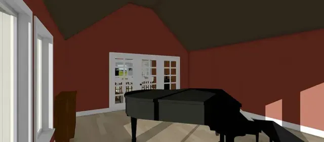 A black grand piano in a red-walled room with sunlight from a window and a doorway in back.