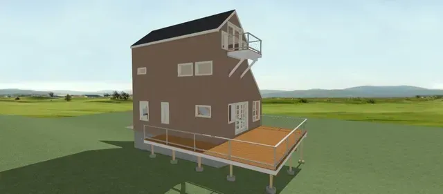 3D rendering of a brown house with a raised deck and exterior stairs in a grassy open landscape