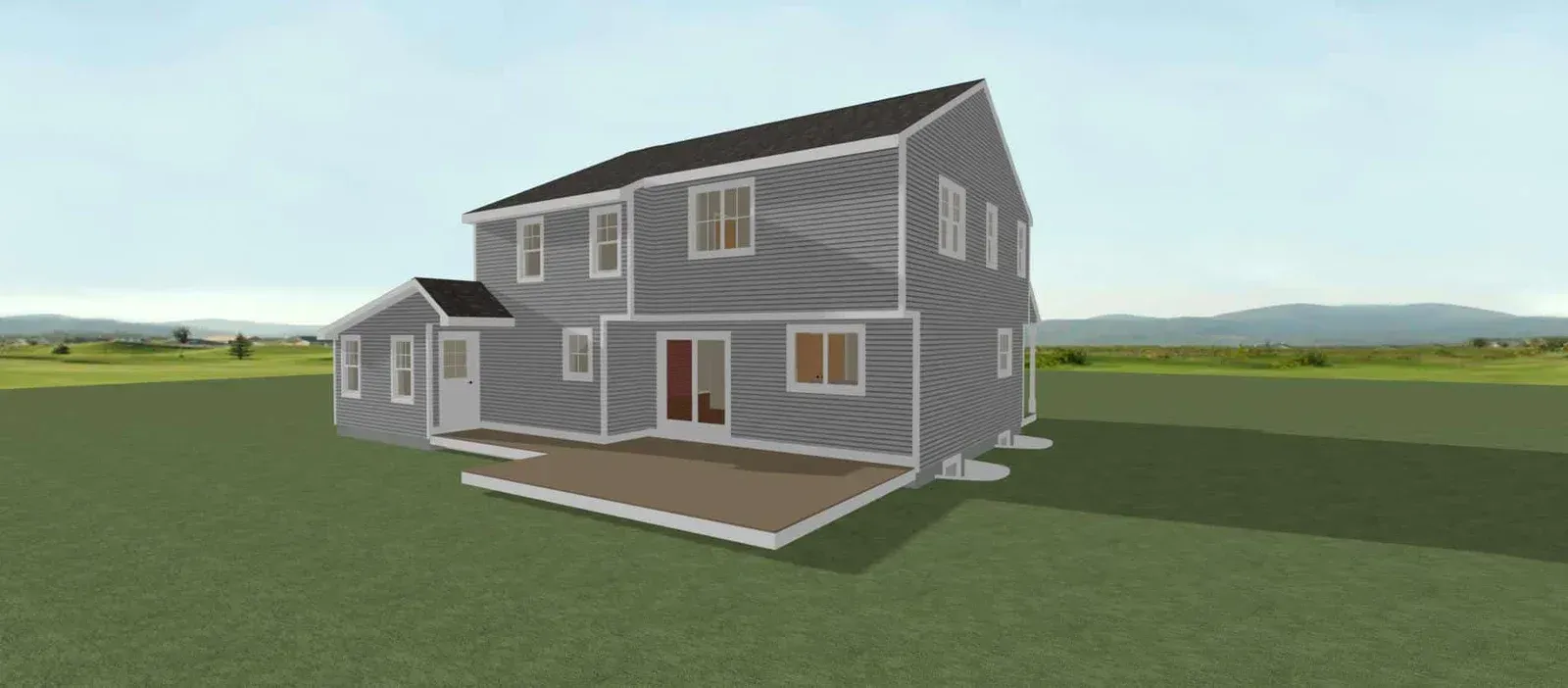3D rendering of a gray two-story house with a front porch on a grassy lot