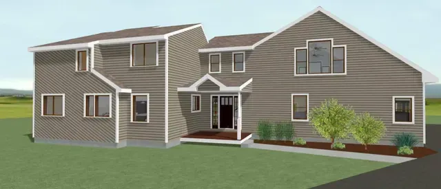 Exterior rendering of a tan and gray two-story house with a front porch and lawn
