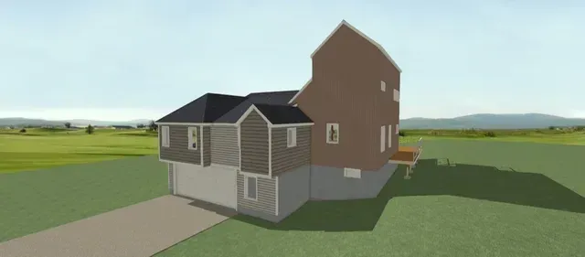 3D rendering of a small gray house with brown side wall beside a driveway in an open grassy field