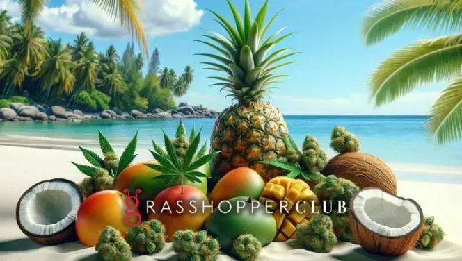 Fruits displayed with tropical cannabis buds and leaves on a warm sunny tropical island beach.