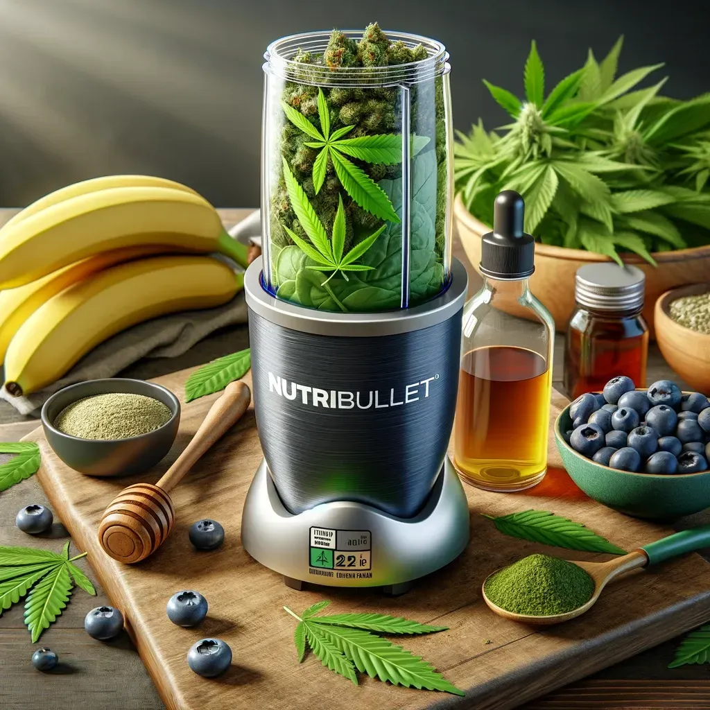 AI-generated Marijuana infused smoothie being made in a Nutri bullet blender.