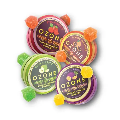 Pictured are Ozone Strawberry Gummies, Ozone Blood orange Gummies, Ozone Green Apple Gummies, and Ozone Passion Fruit Gummies. 