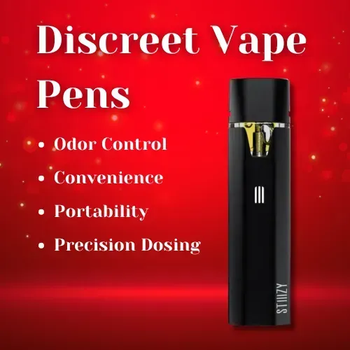 Discreet vape pens offer odor control, convenience, portability, and precision dosing. A classy black STIIZY disposable vape pen sits on a red background.