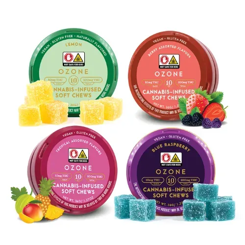 Tins of Ozone Lemon Gummies, Ozone Berry Assorted gummies, Ozone Tropical Fruit gummies, Ozone blue raspberry cannabis-infused gummies.