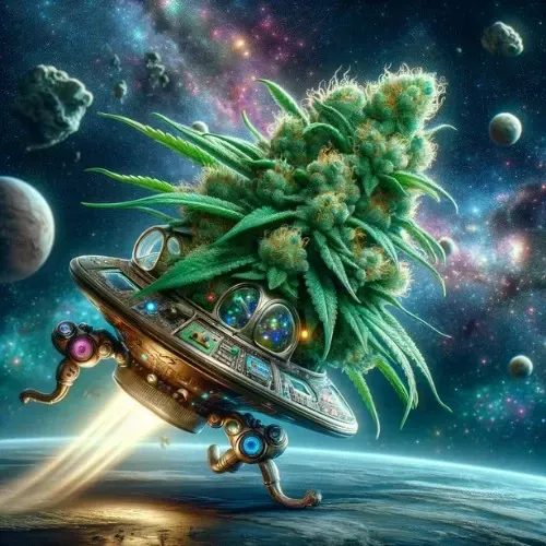 An AI Generated cannabis flower space ship soaring through the cosmos. 