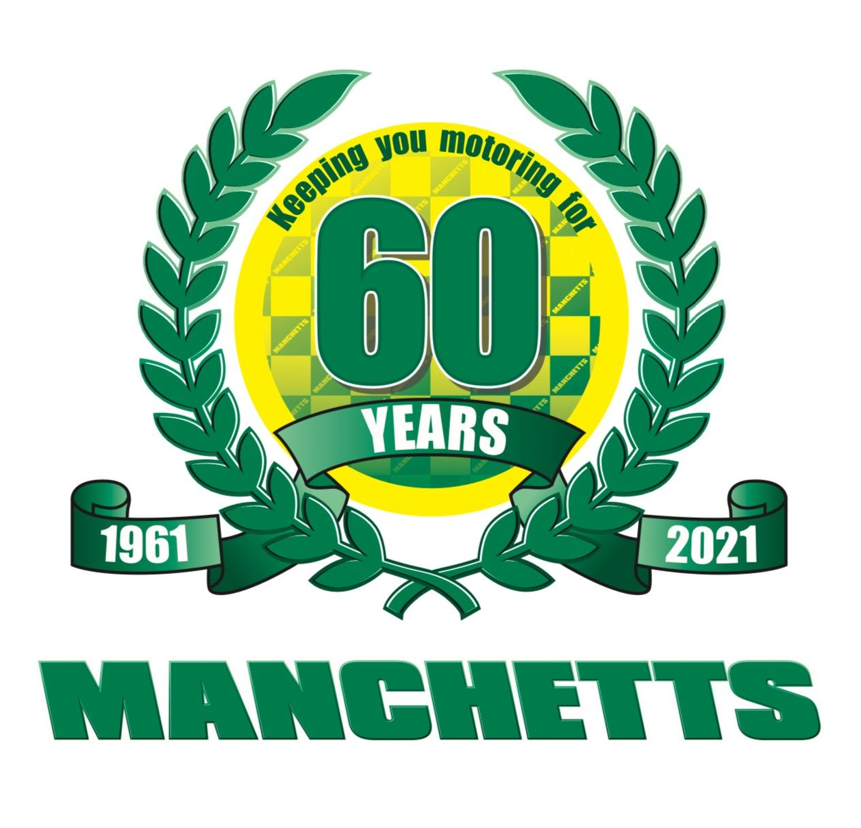 Manchetts 60 years anniversary logo with green laurel wreath, 1961 and 2021 ribbons