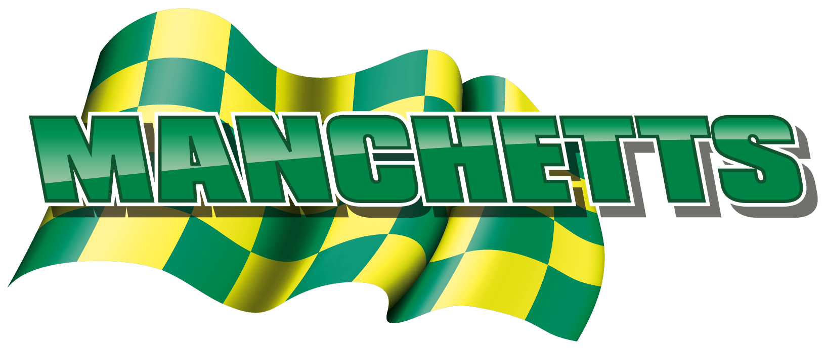 Manchetts logo over a green and yellow checkered flag