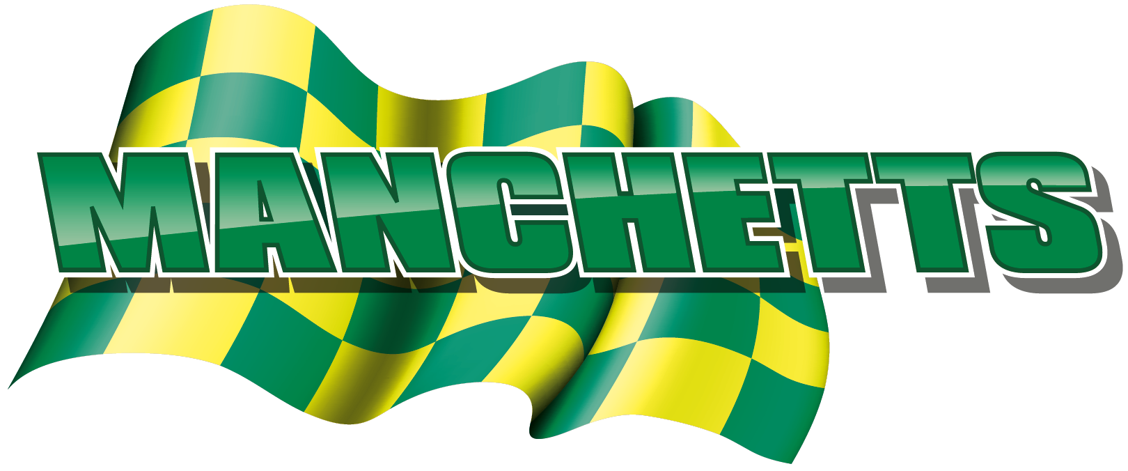 Green and yellow checkered flag behind the word “MANCHETTS” in bold green 3D letters