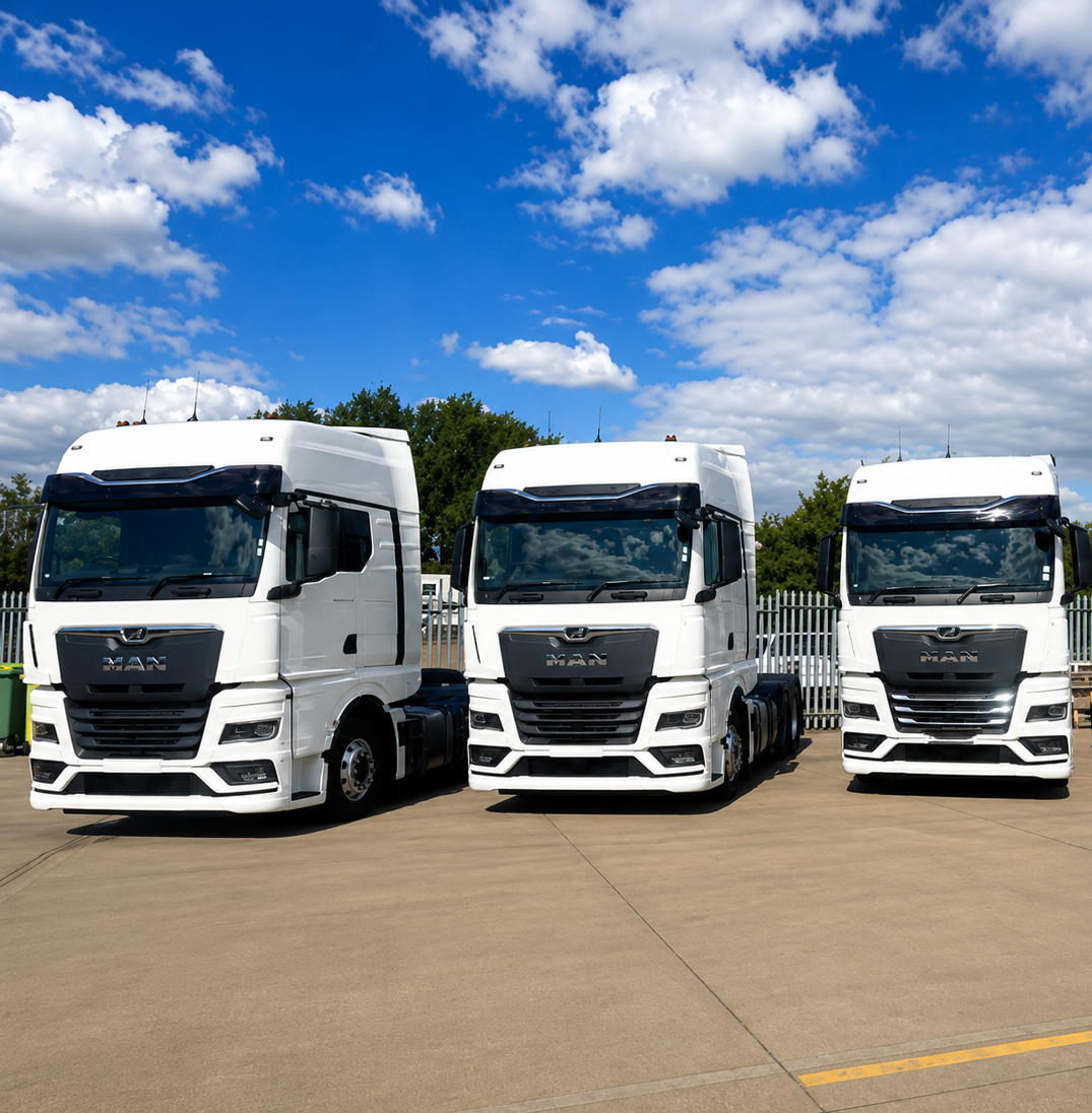 Three white semi-trucks parked side by side on a paved lot under a blue sky with clouds