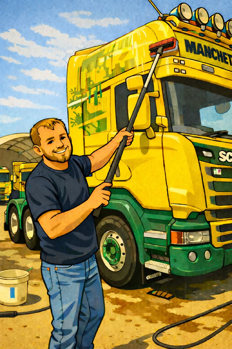 Man cleaning a bright yellow Manchetts truck in an outdoor lot under a blue sky