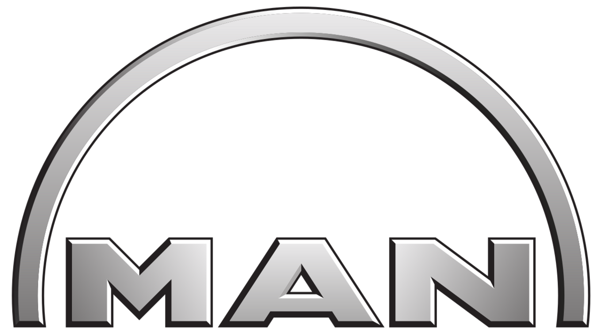 MAN logo with silver arch and bold metallic letters on white background