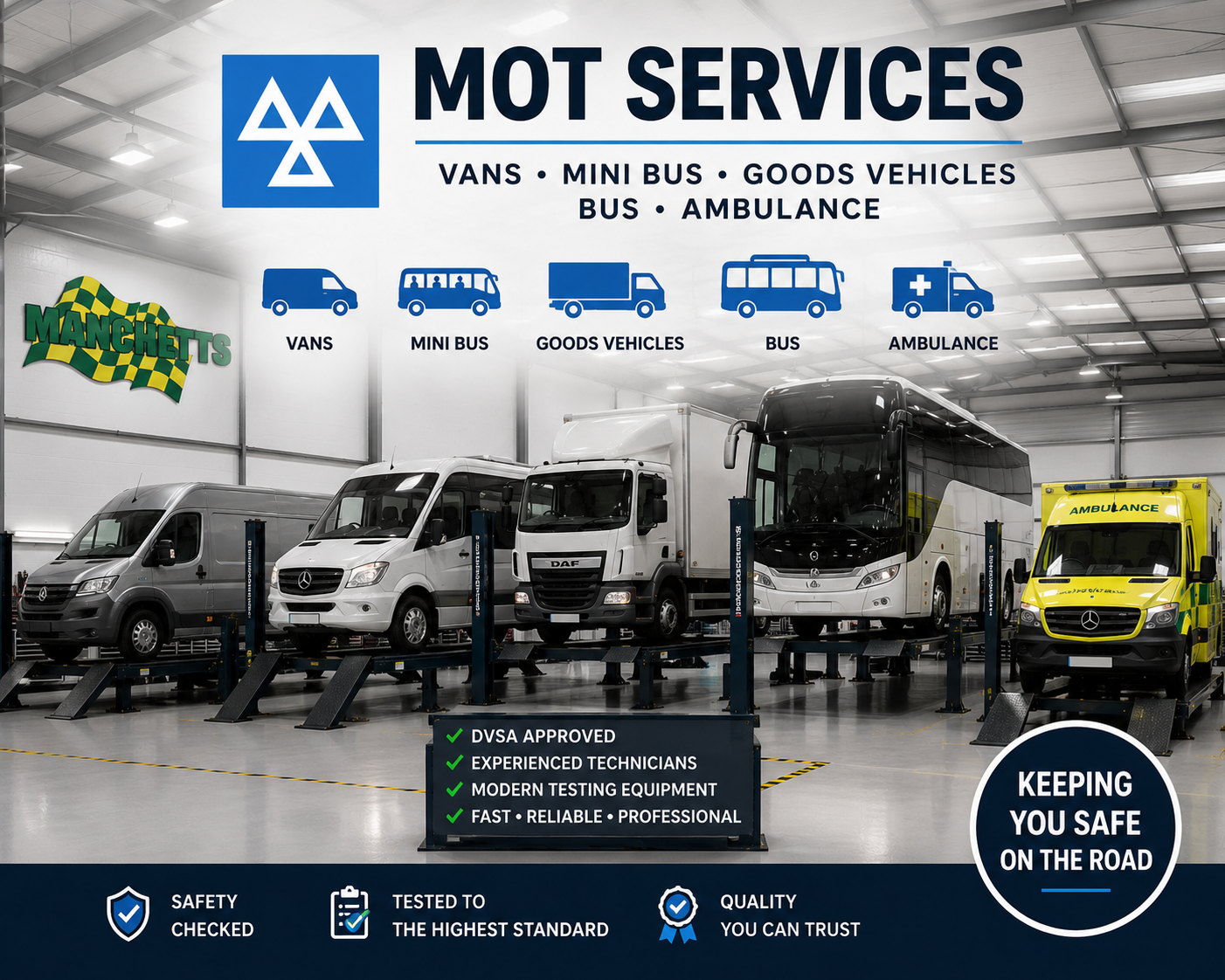 MOT Services ad showing vans, minibuses, goods vehicles and an ambulance in a garage workshop.