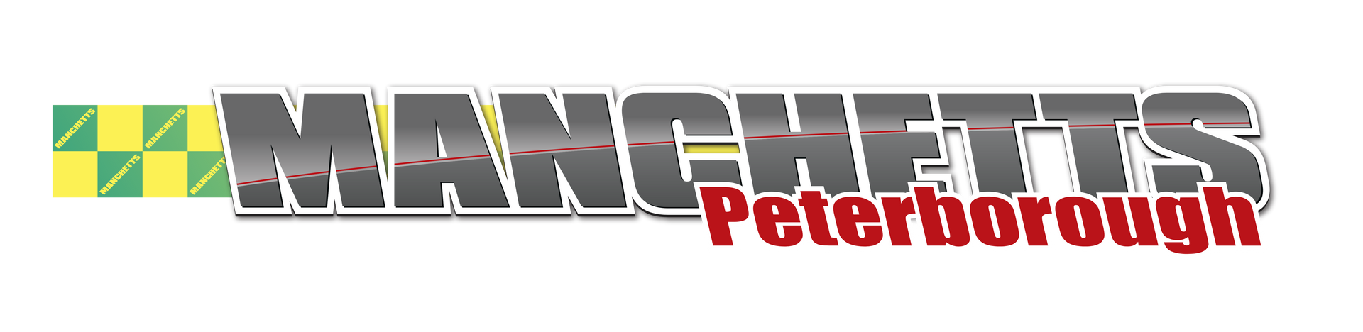 Manchetts Peterborough logo with green-yellow checker accents and gray-red text