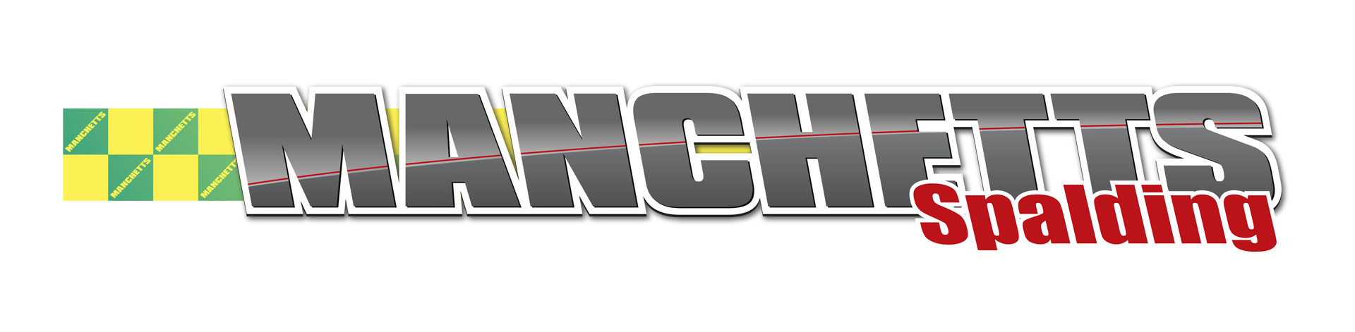 Manchetts Spalding logo in gray with green-yellow checkered square accents on a white background